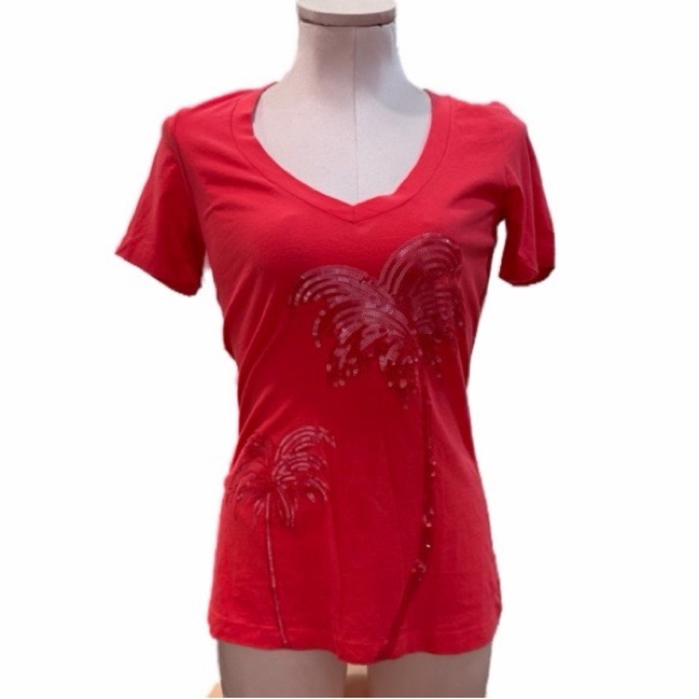 BNWT Tommy Bahama Coral Red V-Neck Palm Design Tee size XS